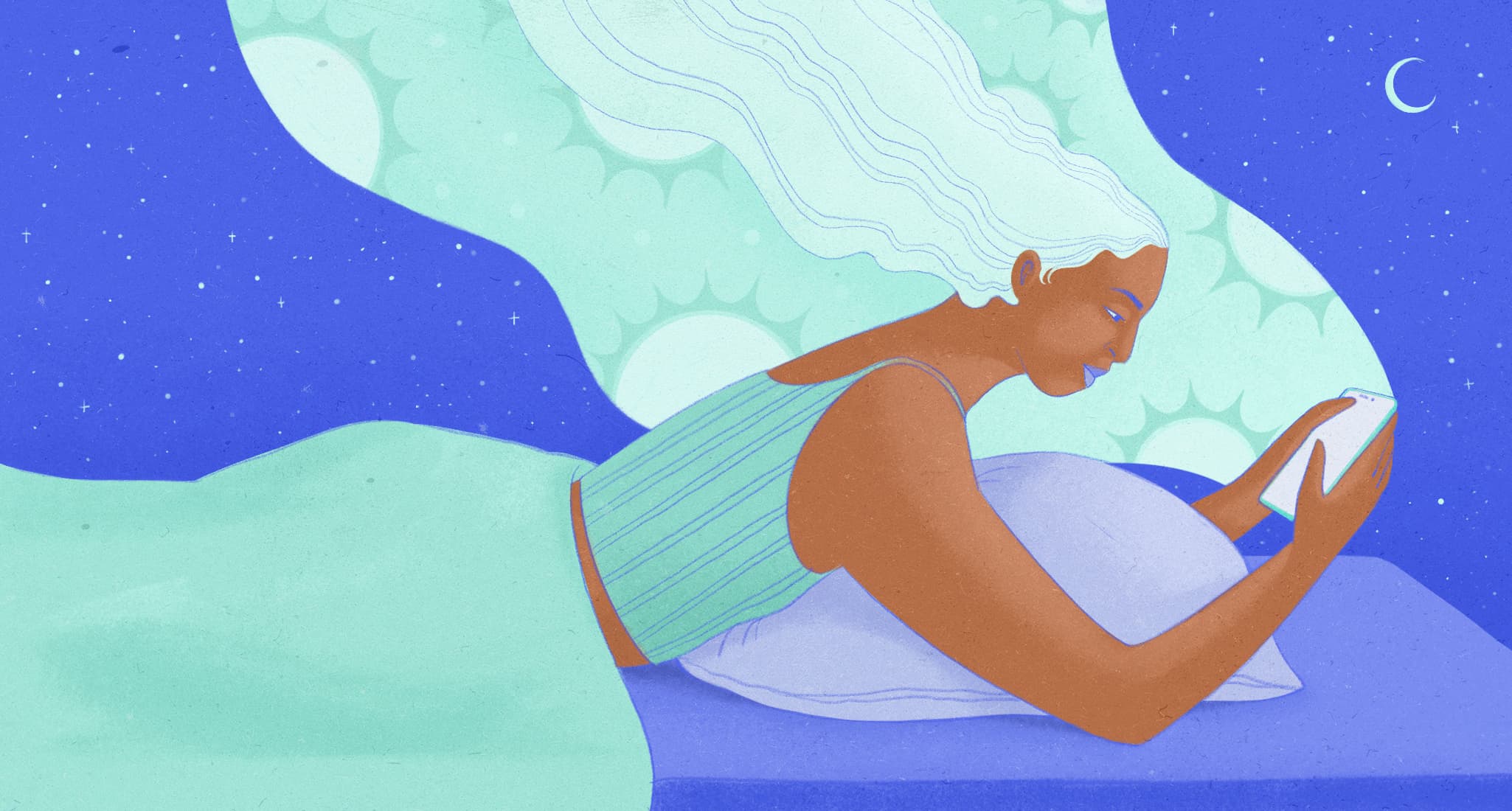 Illustration of a mythical woman with teal hair looking a mobile phone while laying on her stomach in a bed.