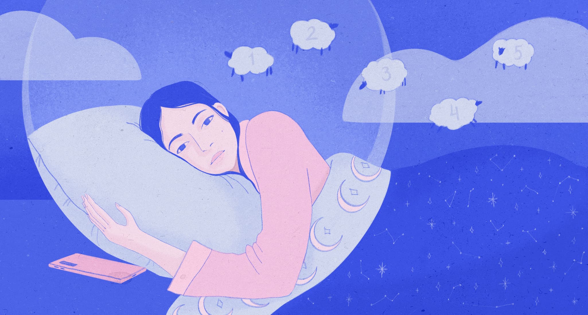 Illustration of a mythical woman with lying in bed and counting sheep floating by.